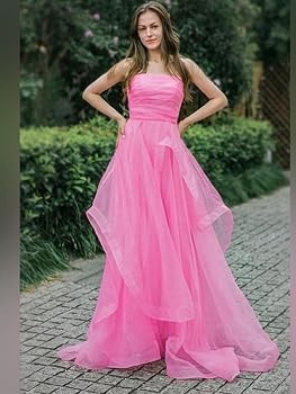 (Fits 4-8+) Unbranded Pink Organza Strapless Ballgown with Tissue Hem & Ruching